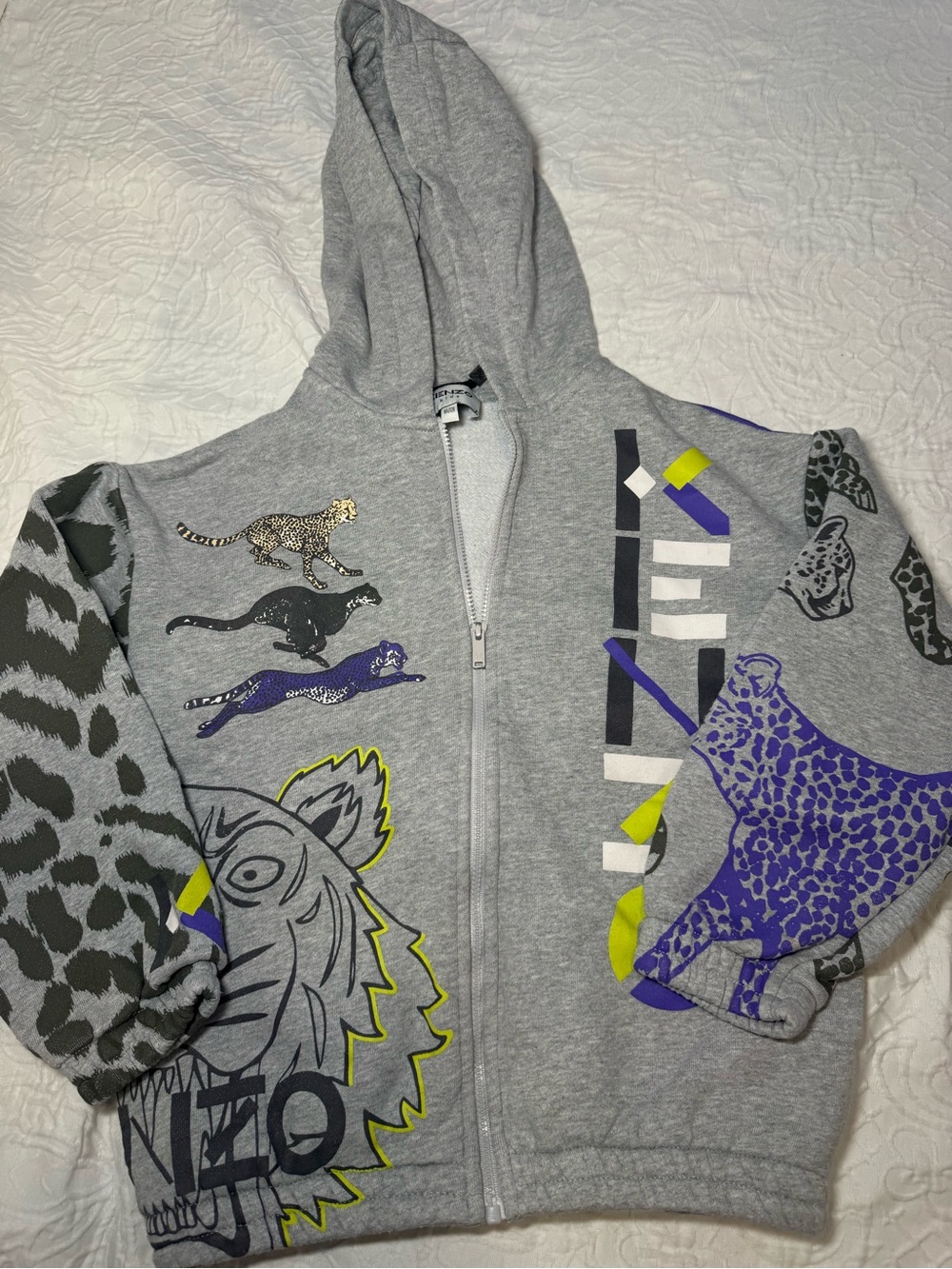 Kenzo Kids Hoodie Size 8 128 Gray Tiger Leopard Animal Print Full Zip